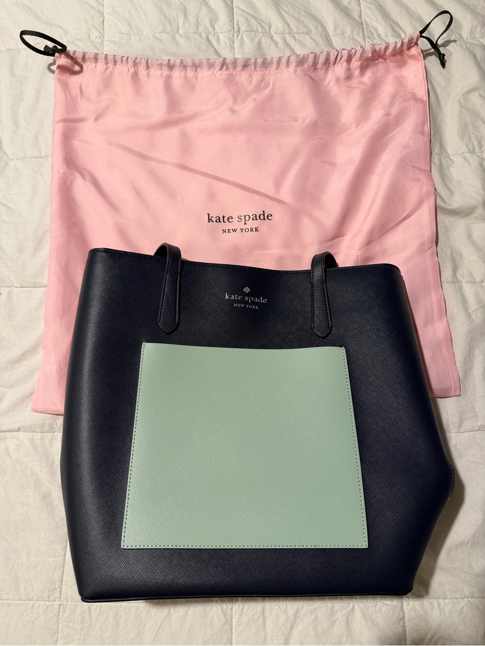 Kate Spade New York Daily Tote navy blue with mint front pocket large